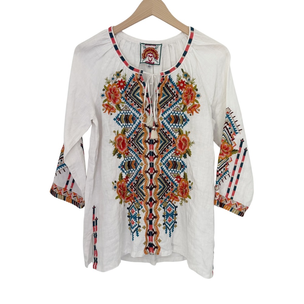 Johnny‎ Was Sentrie Peasant Blouse Linen Embroidered J10719-3 White Size XS